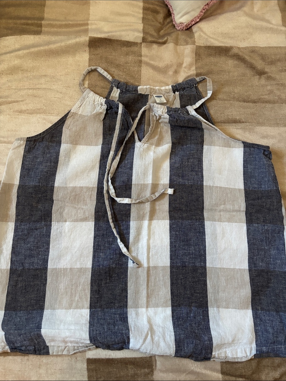 Sleeveless Checkered Halter Top in Navy, Beige & White